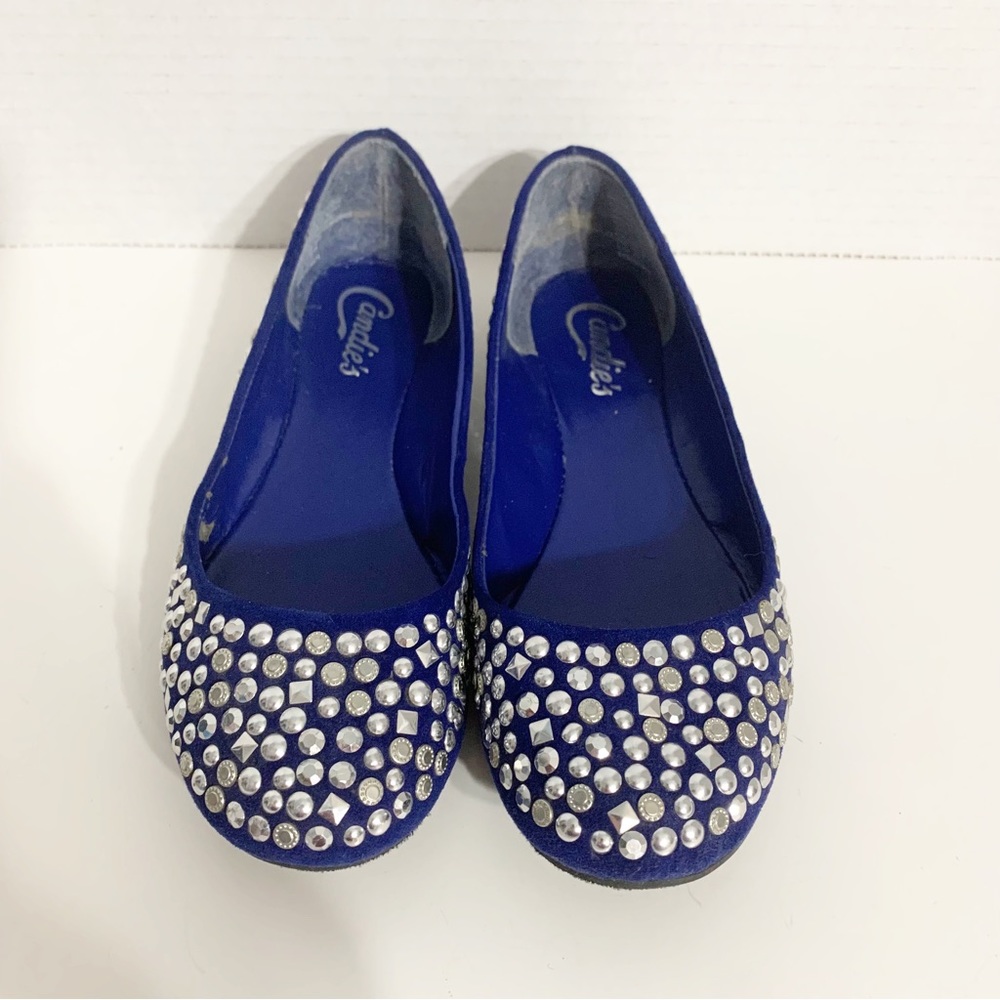 Candies Faux Suede Covered in Silver Toned Studs Rounded Toe Ballet Flats Royal - Picture 6 of 13